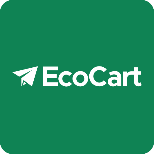 EcoCart logo featuring a white paper airplane icon next to the word EcoCart in bold white text on a green background with rounded corners.